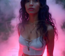 AI-generated abstract art of beautiful women gently enveloped in swirling translucent color mist, iridescent light shimmering on skin. By Jeff Dupler.