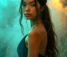 AI-generated abstract art of beautiful women gently enveloped in swirling translucent color mist, iridescent light shimmering on skin. By Jeff Dupler.