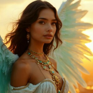 AI-generated fantasy art of beautiful divine female warrior angels descending from heaven — golden halos, enormous shimmering wings. By Jeff Dupler.