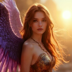 AI-generated fantasy art of beautiful divine female warrior angels descending from heaven — golden halos, enormous shimmering wings. By Jeff Dupler.