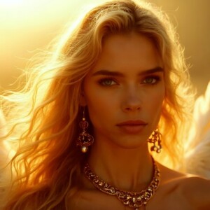 AI-generated fantasy art of beautiful divine female warrior angels descending from heaven — golden halos, enormous shimmering wings. By Jeff Dupler.