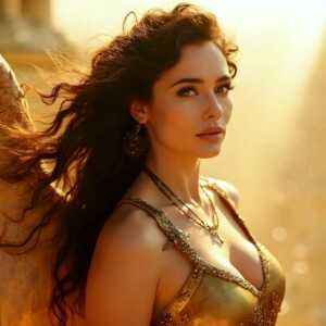 AI-generated fantasy art of beautiful divine female warrior angels descending from heaven — golden halos, enormous shimmering wings. By Jeff Dupler.
