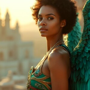 AI-generated fantasy art of beautiful divine female warrior angels descending from heaven — golden halos, enormous shimmering wings. By Jeff Dupler.
