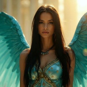 AI-generated fantasy art of beautiful divine female warrior angels descending from heaven — golden halos, enormous shimmering wings. By Jeff Dupler.
