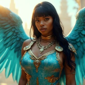 AI-generated fantasy art of beautiful divine female warrior angels descending from heaven — golden halos, enormous shimmering wings. By Jeff Dupler.