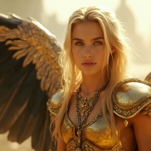 AI-generated fantasy art of beautiful divine female warrior angels descending from heaven — golden halos, enormous shimmering wings. By Jeff Dupler.