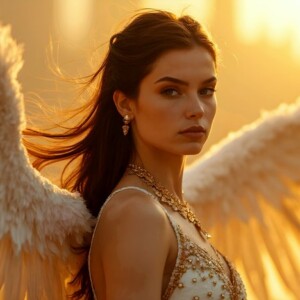 AI-generated fantasy art of beautiful divine female warrior angels descending from heaven — golden halos, enormous shimmering wings. By Jeff Dupler.