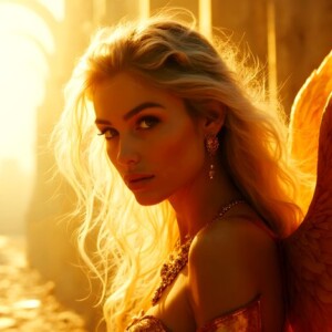 AI-generated fantasy art of beautiful divine female warrior angels descending from heaven — golden halos, enormous shimmering wings. By Jeff Dupler.