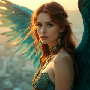 AI-generated fantasy art of beautiful divine female warrior angels descending from heaven — golden halos, enormous shimmering wings. By Jeff Dupler.