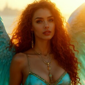 AI-generated fantasy art of beautiful divine female warrior angels descending from heaven — golden halos, enormous shimmering wings. By Jeff Dupler.