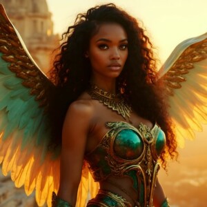 AI-generated fantasy art of beautiful divine female warrior angels descending from heaven — golden halos, enormous shimmering wings. By Jeff Dupler.