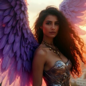 AI-generated fantasy art of beautiful divine female warrior angels descending from heaven — golden halos, enormous shimmering wings. By Jeff Dupler.