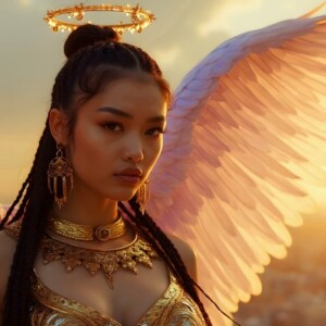 AI-generated fantasy art of beautiful divine female warrior angels descending from heaven — golden halos, enormous shimmering wings. By Jeff Dupler.