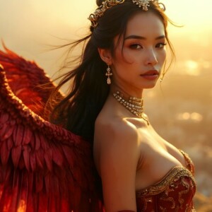 AI-generated fantasy art of beautiful divine female warrior angels descending from heaven — golden halos, enormous shimmering wings. By Jeff Dupler.