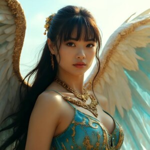 AI-generated fantasy art of beautiful divine female warrior angels descending from heaven — golden halos, enormous shimmering wings. By Jeff Dupler.