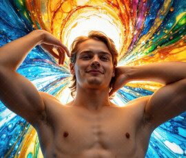 AI-generated abstract art of handsome men controlling swirling vortexes of colorful fluid and water in motion. Dynamic, surreal, vivid digital male art by Jeff Dupler.