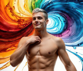 AI-generated abstract art of handsome men controlling swirling vortexes of colorful fluid and water in motion. Dynamic, surreal, vivid digital male art by Jeff Dupler.