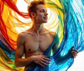 AI-generated abstract art of handsome men controlling swirling vortexes of colorful fluid and water in motion. Dynamic, surreal, vivid digital male art by Jeff Dupler.