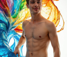 AI-generated abstract art of handsome men controlling swirling vortexes of colorful fluid and water in motion. Dynamic, surreal, vivid digital male art by Jeff Dupler.