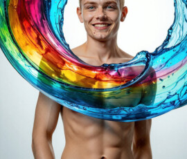 AI-generated abstract art of handsome men controlling swirling vortexes of colorful fluid and water in motion. Dynamic, surreal, vivid digital male art by Jeff Dupler.