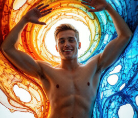 AI-generated abstract art of handsome men controlling swirling vortexes of colorful fluid and water in motion. Dynamic, surreal, vivid digital male art by Jeff Dupler.