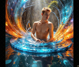 AI-generated abstract art of handsome men controlling swirling vortexes of colorful fluid and water in motion. Dynamic, surreal, vivid digital male art by Jeff Dupler.
