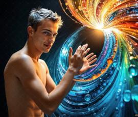 AI-generated abstract art of handsome men controlling swirling vortexes of colorful fluid and water in motion. Dynamic, surreal, vivid digital male art by Jeff Dupler.