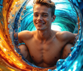 AI-generated abstract art of handsome men controlling swirling vortexes of colorful fluid and water in motion. Dynamic, surreal, vivid digital male art by Jeff Dupler.
