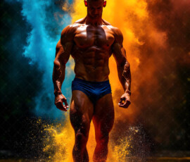 AI-generated abstract art of handsome men controlling swirling vortexes of colorful fluid and water in motion. Dynamic, surreal, vivid digital male art by Jeff Dupler.