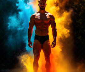 AI-generated abstract art of handsome men controlling swirling vortexes of colorful fluid and water in motion. Dynamic, surreal, vivid digital male art by Jeff Dupler.