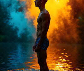 AI-generated abstract art of handsome men controlling swirling vortexes of colorful fluid and water in motion. Dynamic, surreal, vivid digital male art by Jeff Dupler.