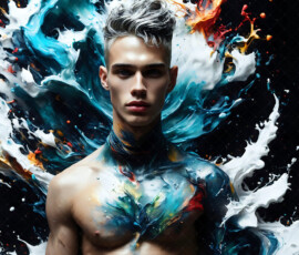 AI-generated abstract art of handsome men controlling swirling vortexes of colorful fluid and water in motion. Dynamic, surreal, vivid digital male art by Jeff Dupler.