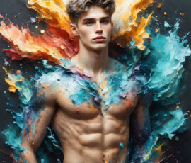 AI-generated abstract art of handsome men controlling swirling vortexes of colorful fluid and water in motion. Dynamic, surreal, vivid digital male art by Jeff Dupler.
