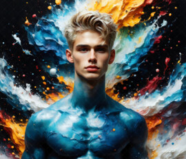 AI-generated abstract art of handsome men controlling swirling vortexes of colorful fluid and water in motion. Dynamic, surreal, vivid digital male art by Jeff Dupler.