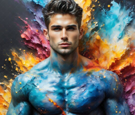 AI-generated abstract art of handsome men controlling swirling vortexes of colorful fluid and water in motion. Dynamic, surreal, vivid digital male art by Jeff Dupler.