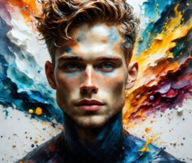 AI-generated abstract art of handsome men controlling swirling vortexes of colorful fluid and water in motion. Dynamic, surreal, vivid digital male art by Jeff Dupler.