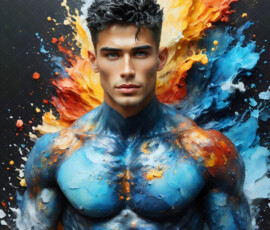 AI-generated abstract art of handsome men controlling swirling vortexes of colorful fluid and water in motion. Dynamic, surreal, vivid digital male art by Jeff Dupler.