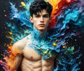 AI-generated abstract art of handsome men controlling swirling vortexes of colorful fluid and water in motion. Dynamic, surreal, vivid digital male art by Jeff Dupler.