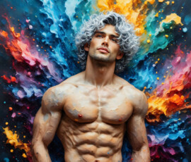 AI-generated abstract art of handsome men controlling swirling vortexes of colorful fluid and water in motion. Dynamic, surreal, vivid digital male art by Jeff Dupler.