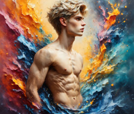 AI-generated abstract art of handsome men controlling swirling vortexes of colorful fluid and water in motion. Dynamic, surreal, vivid digital male art by Jeff Dupler.