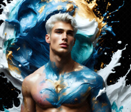 AI-generated abstract art of handsome men controlling swirling vortexes of colorful fluid and water in motion. Dynamic, surreal, vivid digital male art by Jeff Dupler.