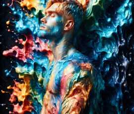 AI-generated abstract art of handsome men controlling swirling vortexes of colorful fluid and water in motion. Dynamic, surreal, vivid digital male art by Jeff Dupler.