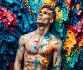AI-generated abstract art of handsome men controlling swirling vortexes of colorful fluid and water in motion. Dynamic, surreal, vivid digital male art by Jeff Dupler.