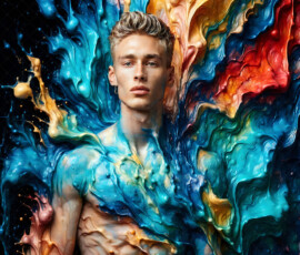 AI-generated abstract art of handsome men controlling swirling vortexes of colorful fluid and water in motion. Dynamic, surreal, vivid digital male art by Jeff Dupler.
