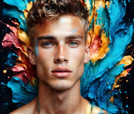 AI-generated abstract art of handsome men controlling swirling vortexes of colorful fluid and water in motion. Dynamic, surreal, vivid digital male art by Jeff Dupler.