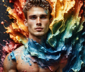 AI-generated abstract art of handsome men controlling swirling vortexes of colorful fluid and water in motion. Dynamic, surreal, vivid digital male art by Jeff Dupler.