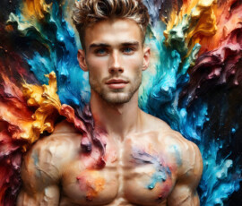 AI-generated abstract art of handsome men controlling swirling vortexes of colorful fluid and water in motion. Dynamic, surreal, vivid digital male art by Jeff Dupler.