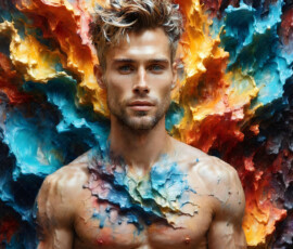 AI-generated abstract art of handsome men controlling swirling vortexes of colorful fluid and water in motion. Dynamic, surreal, vivid digital male art by Jeff Dupler.