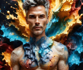 AI-generated abstract art of handsome men controlling swirling vortexes of colorful fluid and water in motion. Dynamic, surreal, vivid digital male art by Jeff Dupler.