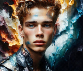 AI-generated abstract art of handsome men controlling swirling vortexes of colorful fluid and water in motion. Dynamic, surreal, vivid digital male art by Jeff Dupler.